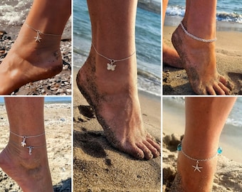 Summer Anklet, Sterling silver, personalized, Butterfly Turtle Starfish Cowrie Shell Seahorse Crystal, Summer Beach Jewelry, dainty chain