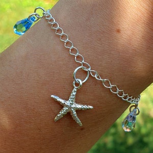 Bracelet with 2 Swarovski Drops and Silver Starfish  ~  Sterling SILVER 925 ~ Delicate Feminine Beach Summer Jewellery