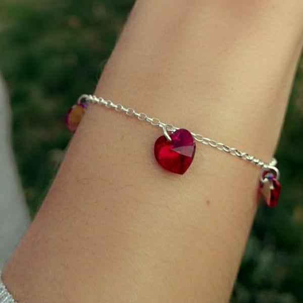 Bracelet avec Swarovski Red Hearts Crystals Charms ~ Silver 925 ~ Bracelet Gift For Your Loved Girlfriend Wife Mom Daughter Blue Green Pink