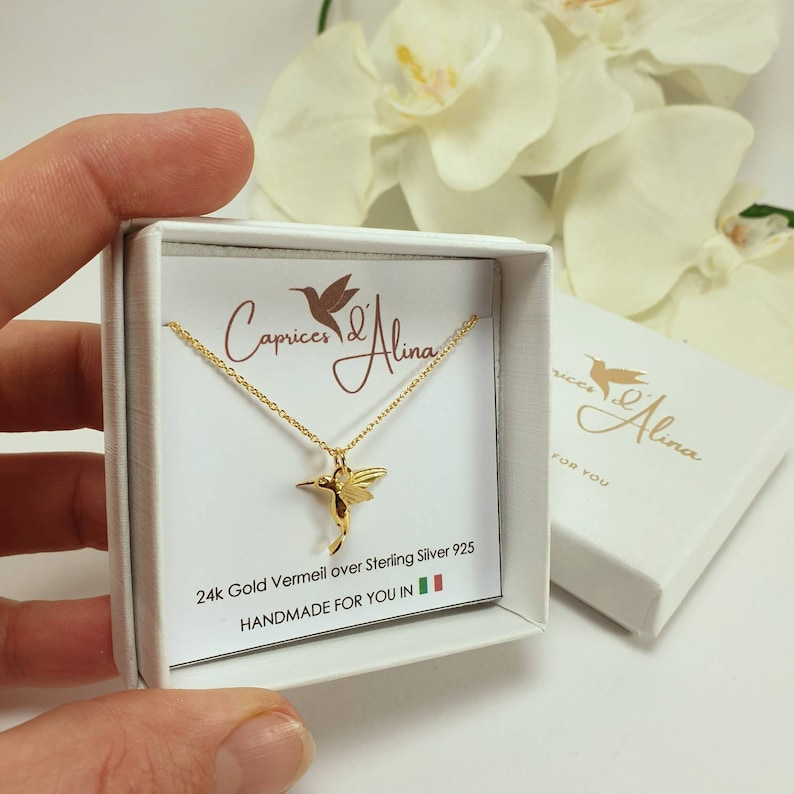 Einzelstück Collana Colibrì In Argento 925 Placcato Oro - Ciondolo Colorato Con Zirconi, Gioiello Fatto A Mano Ipoallergenico, Regalo Con Scatola - 2