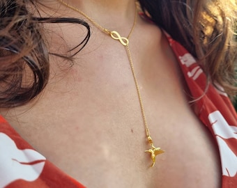Infinity Lariat Necklace with Hummingbird Pendant, Colibri Y Shape Necklace, Sterling Silver Rose Gold Bird Jewelry Valentine Gift for Women