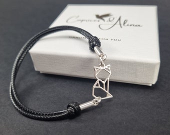 Fox Bracelet| Cat Bracelet| For Girls, Boys, Kids, Teens, Women| Adjustable Black Red Cord, Silver, Gold| Origami Charm| Animal Jewelry Gift