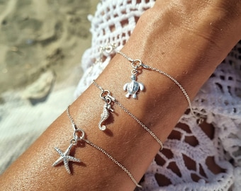 Summer Bracelets, Sterling silver, personalized, Butterfly Turtle Starfish Cowrie Shell Seahorse Crystal, Summer Beach Anklets, dainty chain