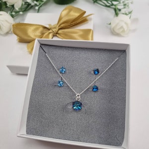 Crystal Necklace and cube studs - Blue Violet Clear SWAROVSKI Crystal - SILVER 925. Handmade in Italy . For Mom, your Loved Friend Daughter.