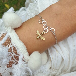 Dainty Honey Bee on a Honeycomb Bracelet Gold Silver, Tiny Bee Bracelet, Personalized Bumble Bee Themed Gifts, BFF Bee Happy Quote Jewelry