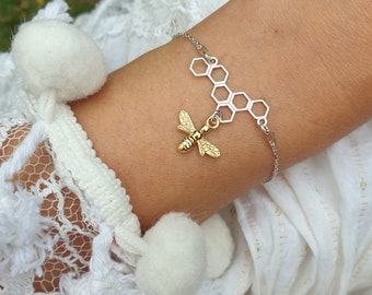 Dainty Honey Bee on a Honeycomb Bracelet Gold Silver, Tiny Bee Bracelet, Personalized Bumble Bee Themed Gifts, BFF Bee Happy Quote Jewelry