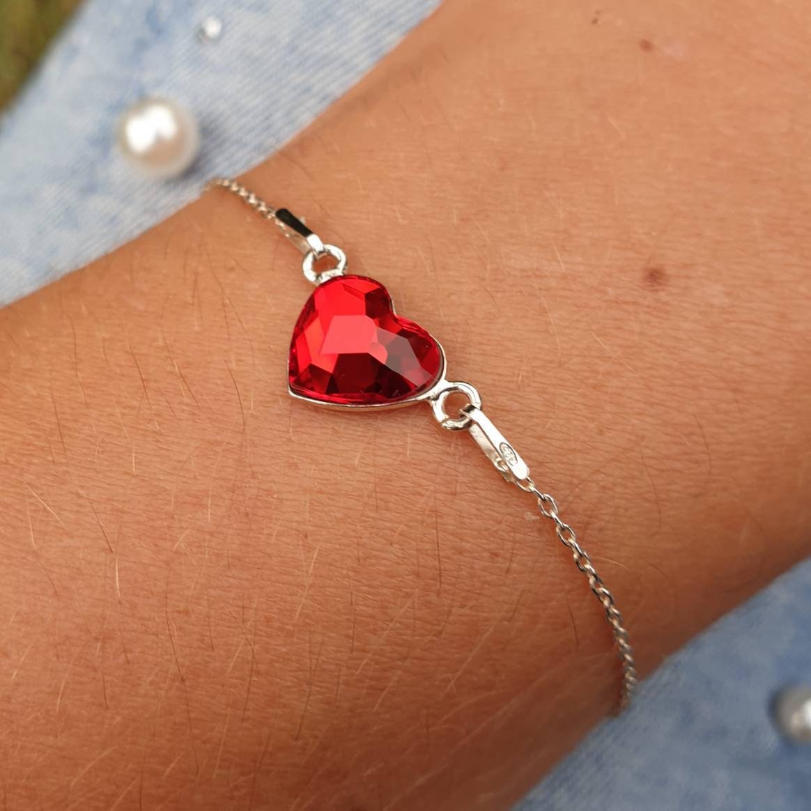 ★rosemont★ Silver Red Heart Bracelet RC24B08J Red Lab Created Ruby Rhodium Over Silver Bracelet 33.66ctw