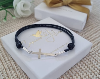 Confirmation gifts for girls boys; Personalized, Baptism, First communion; Cross Bracelet Black Cord, Gold, Silver, Women Men Teenager Her