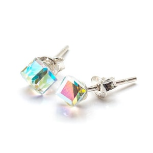 AURORA BOREALIS Swarovski Crystal Cube Stud Earrings ~ Sterling Silver 925 ~ 4mm AB ~ Minimalist/ Dainty/ Cute/ Beach/ Office  / Bridesmaids