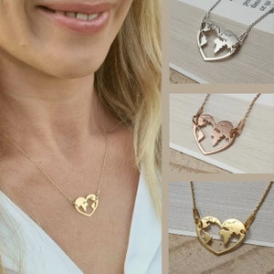 Gold Globe Halskette, Weltkarte Halskette, Fernweh Schmuck Silber, Herz Erde, Fern Bester Freund Geschenk, Studenten Abschluss Frau