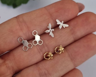 Bee Earrings Studs, Honeycomb Earrings; mismatched, Silver, Gold; Tiny Cute honey Bee, Personalized bumble bee Lover Gifts, Insect Jewelry