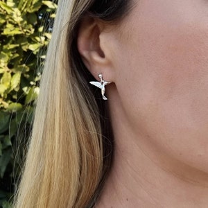 Hummingbird Earrings Dangle Studs, Sterling Silver & Rose Gold, Bird Earrings, Colibri, Dainty, Personalized Gifts for Her Friend BFF Wife