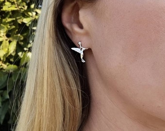 Hummingbird Earrings Dangle Studs, Sterling Silver & Rose Gold, Bird Earrings, Colibri, Dainty, Personalized Gifts for Her Friend BFF Wife