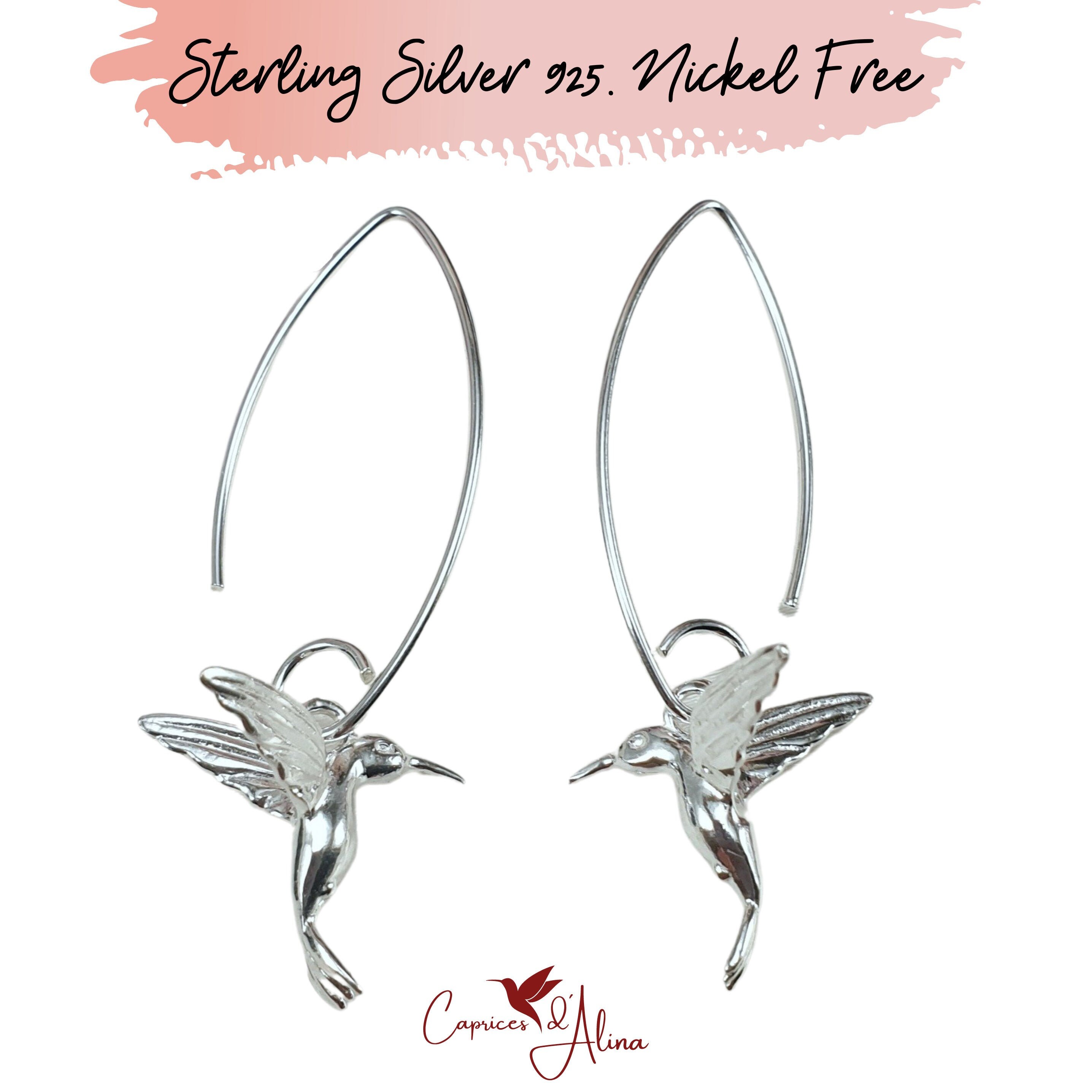 Colibri Drop Earrings Sterling Silver & Rose Gold ~ Hummingbird Long Dangle Earrings ~ Dainty Boho Bird Jewelry Gift for Her Friend Mom