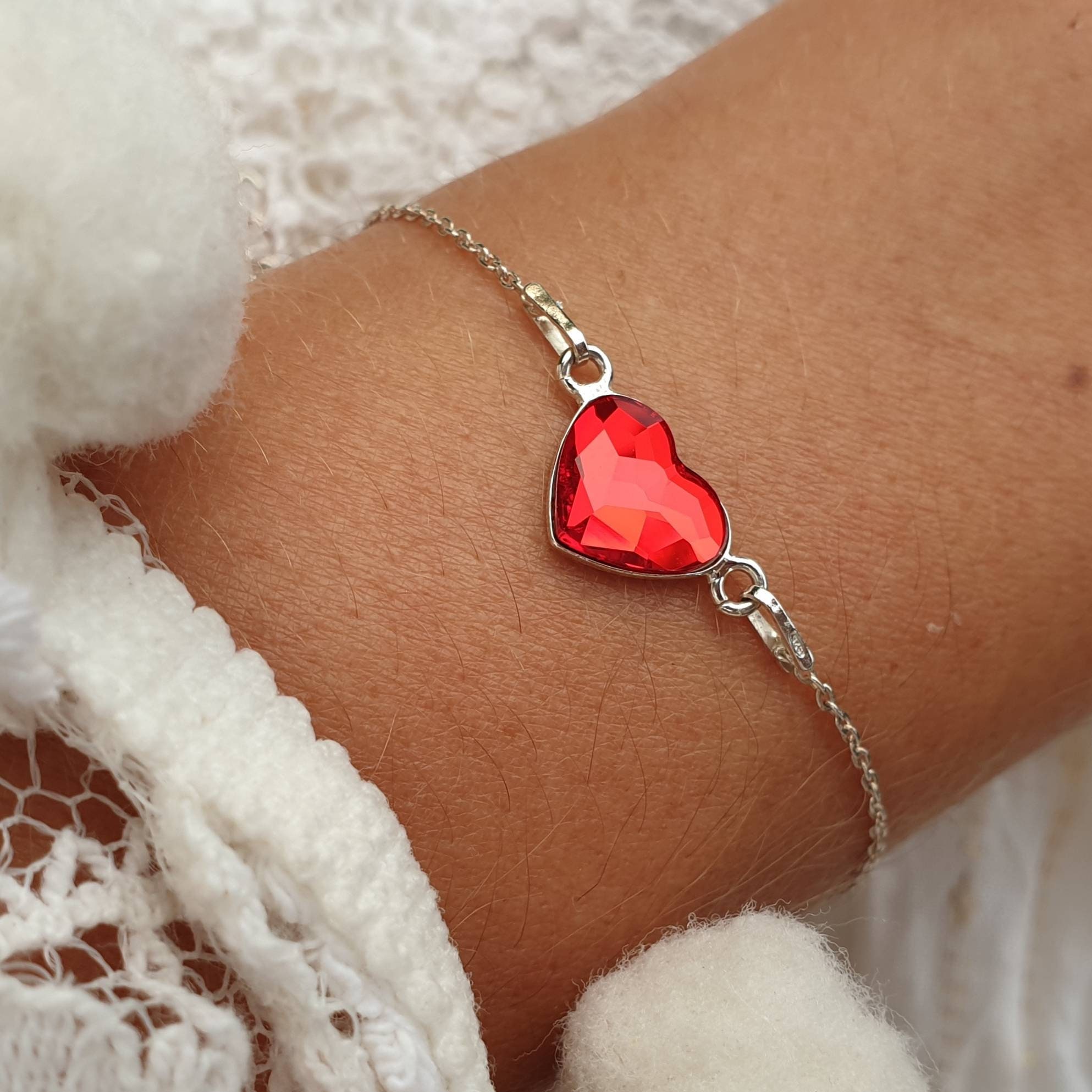 SILVER HEART Bracelet With SWAROVSKI Red Heart Crystal