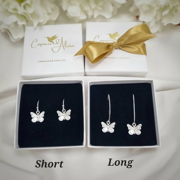 Boucles d'oreilles papillon pendantes, argent sterling, or rose, long délicat simple minimaliste, pour femmes filles maman petite amie anniversaire bijoux cadeau