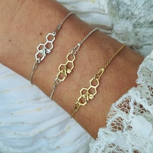 Sierlijke honingbij aan een honingraatarmband sterlingzilver, oorbellen, ketting, gepersonaliseerde hommelthemacadeaus, bij gelukkig citaat sieraden
