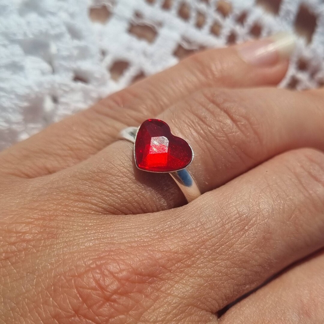 Crystal Heart Ring Red, Light Pink, Fuchsia Sterling Silver Love Ring