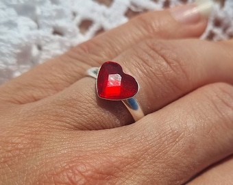 Crystal Heart Ring: Red, Light Pink, Fuchsia| Sterling silver love ring| Pink crystal promise ring| Heart shaped ring for women| adjustable