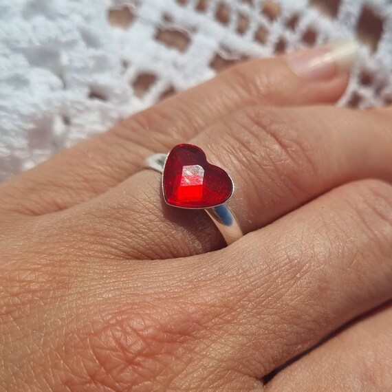 Crystal Heart Ring Red Light Pink Fuchsia Sterling Silver Love