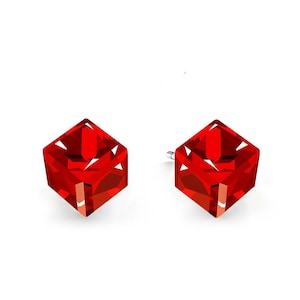 Könnte beinhalten: Ein Paar rote Cubic Zirconia Ohrringe. Die Ohrringe sind aus Silber und haben ein schlichtes, modernes Design.