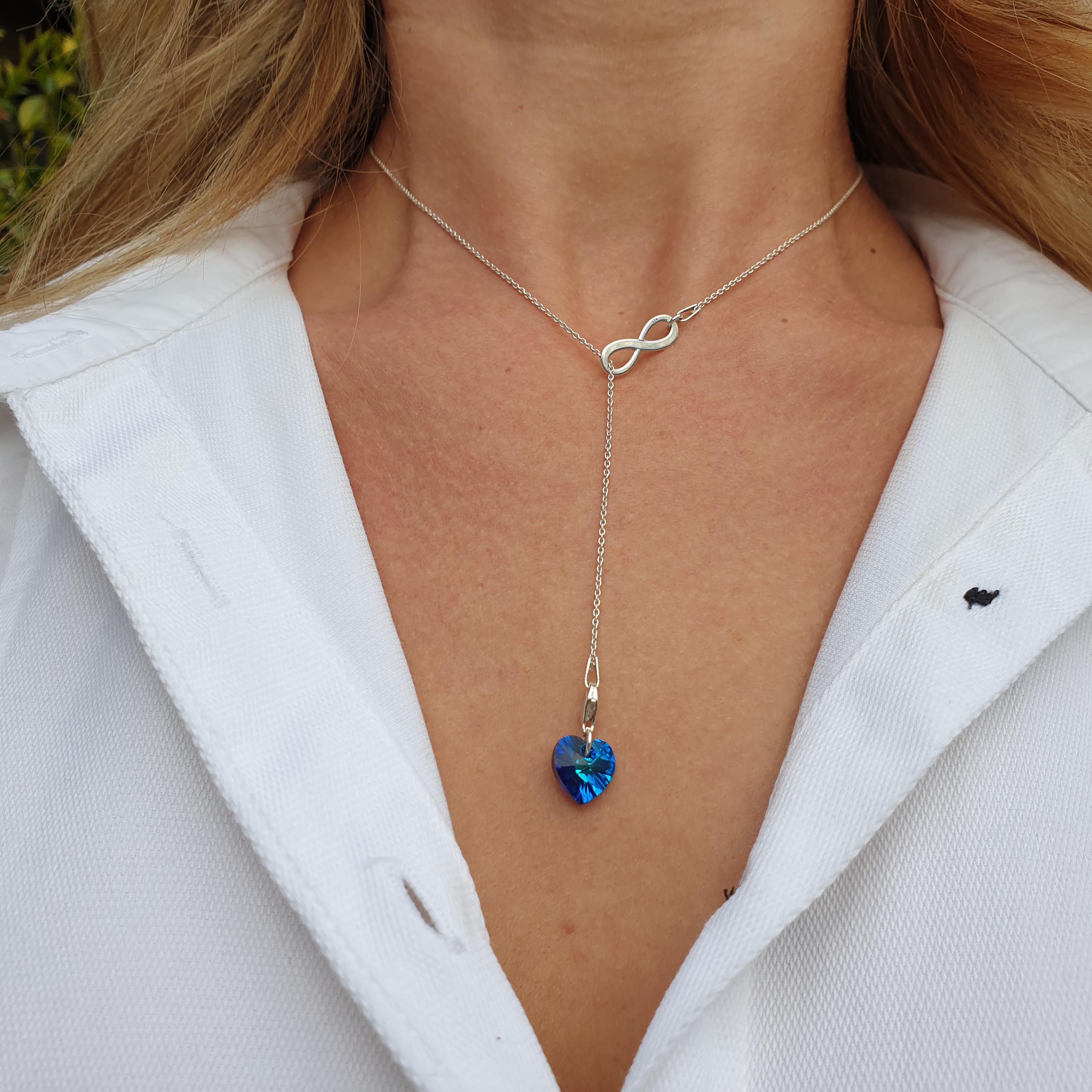 Infinity Lariat Necklace Crystal Bermuda Blue Heart Pendant, Sterling Silver Y Necklace, Personalized Jewelry Valentines Gift