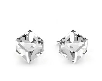 CLEAR Swarovski Crystal Cube Stud Earrings ~ Sterling Silver 925 ~ 4mm ~ Minimalist/ Dainty/ Cute/  Office  / Bridesmaids/ Christmas Gift