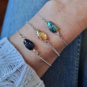Bransoletka Scarab Green Sterling Silver 925, bransoletka na szczęście, naszyjnik, kolczyki Anklet. Kryształy SWAROVSKI SCARABEUS. Ręcznie robione we Włoszech.