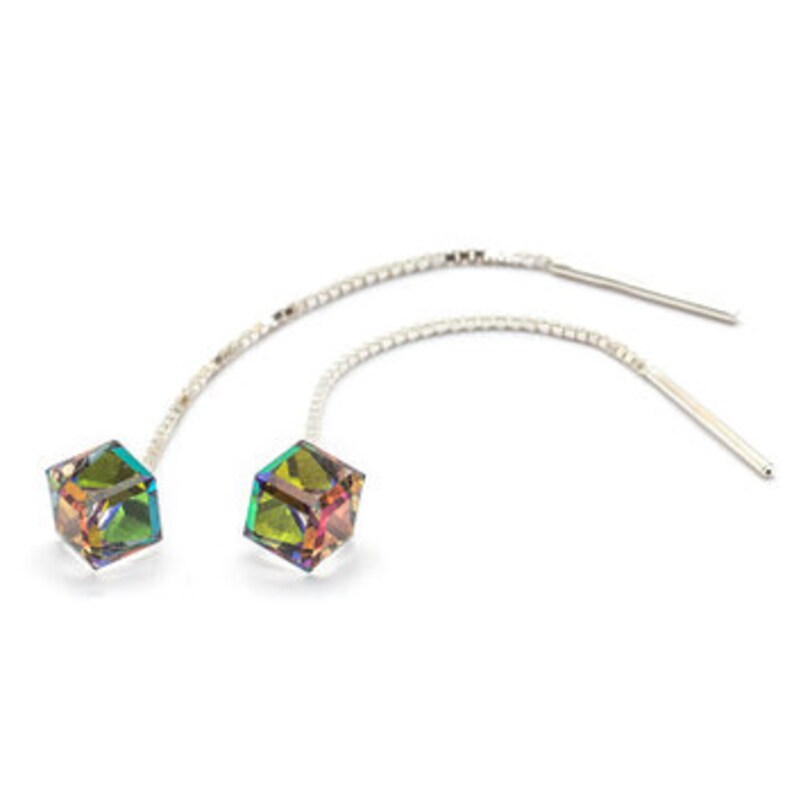 Sterling Silver Cube Threader Earrings - Pull Through Dangle Earrings For Women