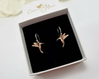 Hummingbird Earrings Dangle Sterling Silver & Rose Gold, Bird Earrings, Colibri Earrings Dainty, Personalized Gifts for Her Friend BFF Wife