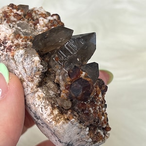 Raw Spessartine Garnet on Smoky Quartz Wushan Mine Fujian, China - Grounding, Energy, Creativity, Protection, Optimism, Confidence, Charisma