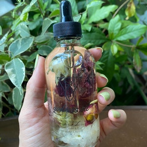 Puede incluir: Una botella de vidrio transparente con un gotero negro lleno de un líquido transparente y flores secas y cristales. La etiqueta de la botella dice "Goddess Oil" y enumera los ingredientes, que incluyen "Crystal Moonstone, Dried Rose, Flowers Violet & Rose, Coconut & Apricot".