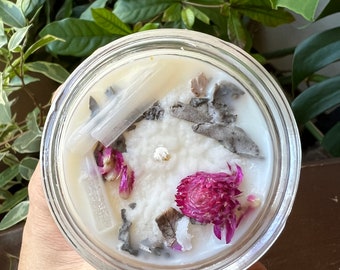 Sanctuary Organic Soy & Essential Oil Candle - Crystal Infused - Selenite  - Energy Cleansing, Stress Relief, Meditation Sage  and Lavender