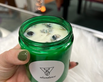 Abundance Green Moss Agate Crystal Elixir Candle - Cedarwood, Fir Needles, Lemongrass, Orange - Soy Wax - Natural Candle - Long Lasting