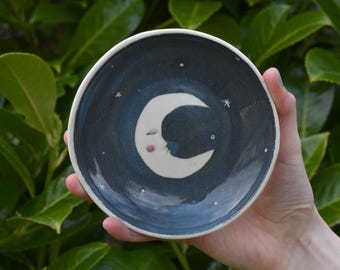 Handmade Ceramic Moon Trinket Dish | Moon and Stars Ring Dish | Moon Jewellery Dish | Boho Ring Dish