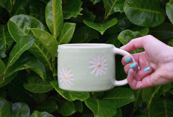 Hand Thrown Ceramic Daisy Mug | Green Flower Pottery Mug | Daisy Coffee Mug | Boho Ceramic Mug