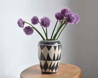 Hand Thrown Ceramic Diamond Vase | Black and White Bud Vase | Small Boho Vase
