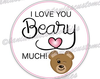 Etiquetas circulares de 2 pulgadas con texto "Te amo mucho, Beary" para el día de San Valentín, etiquetas para galletas, etiquetas para regalo