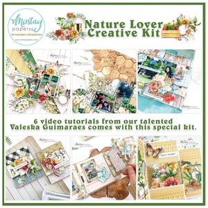 Peut inclure: Un kit de scrapbooking sur le thème de la nature avec un schéma de couleurs vert, blanc et marron. Le kit comprend une variété de papiers, d'embellissements et d'autres fournitures. Le kit comprend également six tutoriels vidéo de Valeska Guimaraes.