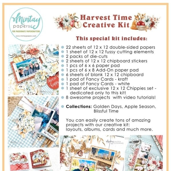 Harvest Time Mintay Complete Scrapbooking Kit with supplies & tutorials for 8 projects,  card, layout, mini album, Paper craft creative gift