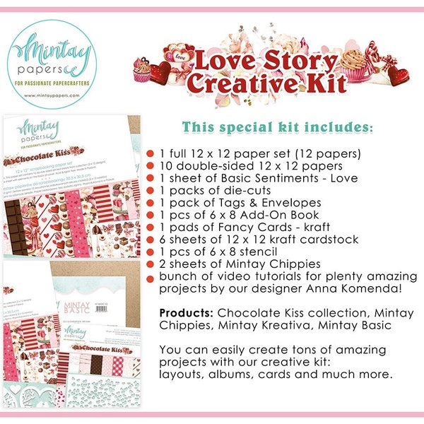 Kit di scrapbooking completo Love Story Mintay con materiali di consumo e tutorial video per cartoline fai da te, layout, mini album, regalo creativo per artigiani della carta