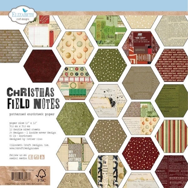 Christmas Field Notes by Elizabeth Craft Designs 12" Double-Sided Cardstock Pack, Collage Mixed media designer paper for junk art journaling
