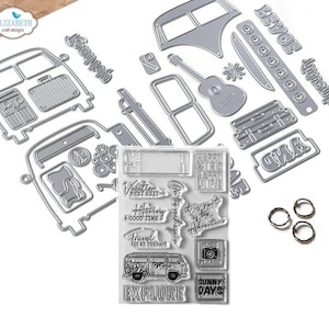 Kit de autobús retro de Elizabeth Craft Designs, juego de sellos y troqueles Volkswagen, elementos esenciales para la planificación, miniálbum, artículos para manualidades hippies para viajes y vacaciones