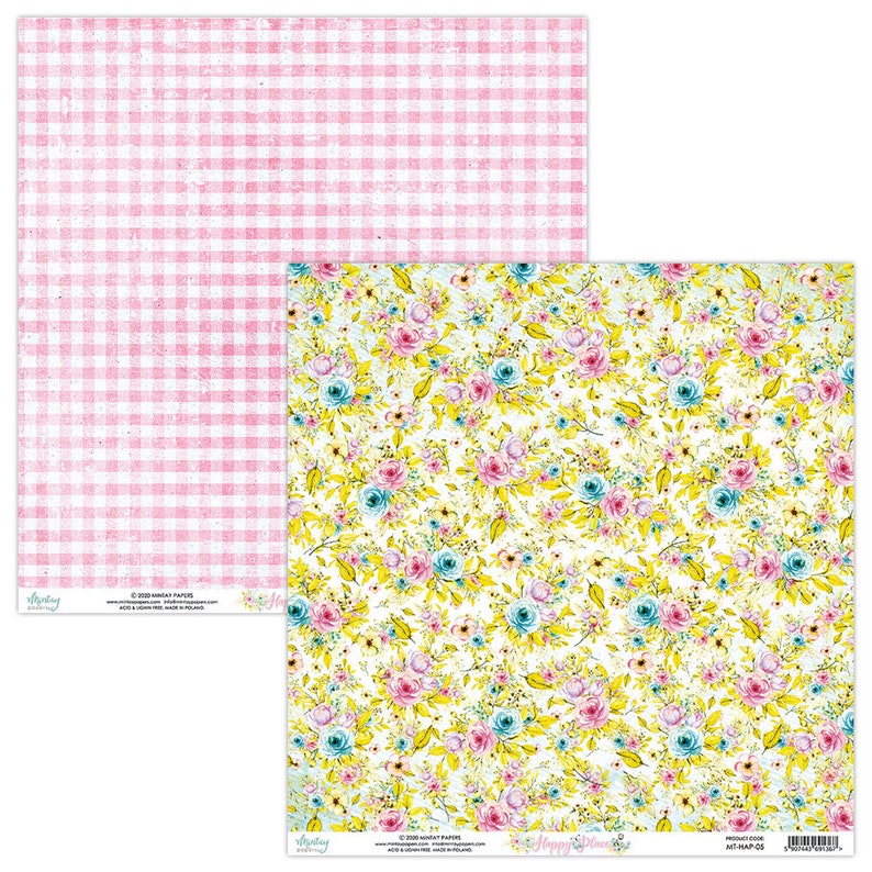 May include: Two sheets of patterned paper. One features a pink and white gingham check design. The other has a floral pattern with pink, blue, and yellow flowers on a white background. The paper is suitable for scrapbooking and crafts.