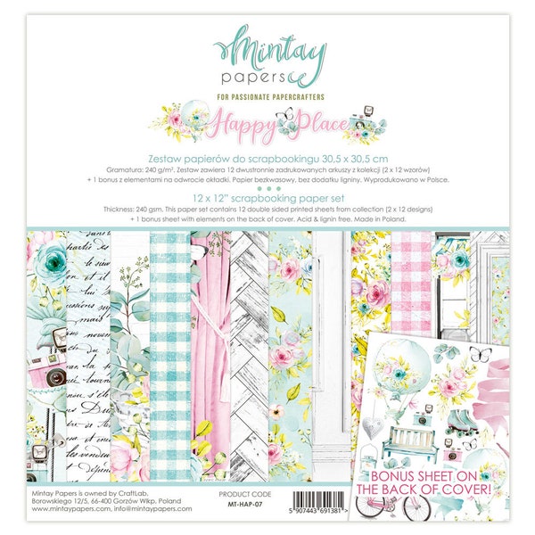 Scrapbooking Collection Kit Happy Place by Mintay Papers, Double sided designer paper pads, Cardmaking, Dreamy pastel Collage Elements paper