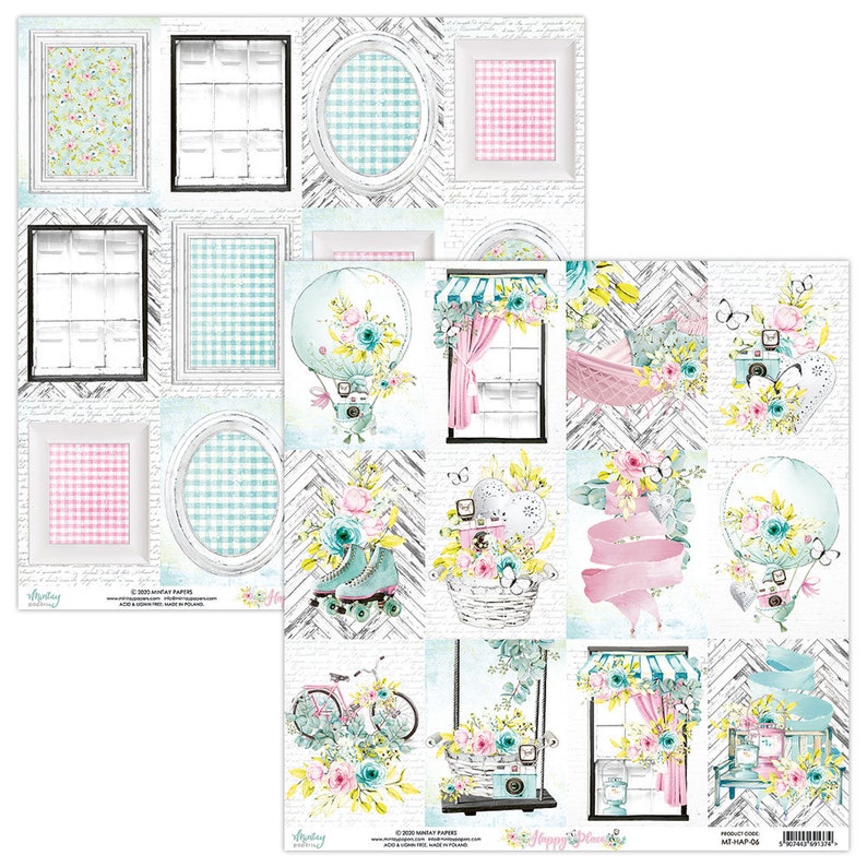 May include: Two sheets of decorative paper with a collage of watercolor illustrations. The designs include windows, frames, gingham patterns, floral arrangements, roller skates, and a hot air balloon. The color palette features pastel shades of pink, blue, and green.