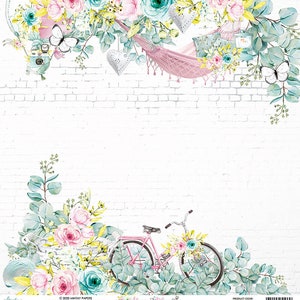 May include: A decorative paper with a white brick background, featuring watercolor illustrations of flowers, a pink bicycle, a hammock, and butterflies. The design includes the text "Happy Place" and product information.