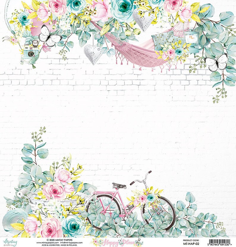 May include: A decorative paper with a white brick background, featuring watercolor illustrations of flowers, a pink bicycle, a hammock, and butterflies. The design includes the text "Happy Place" and product information.