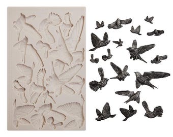 Stroomden vogels Finnabair decor siliconen imaginarium mal Prima 969516, mixed media steampunk kunst, voedselveilig chocoladetaart klei hars mal