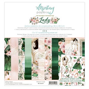 Scrapbookingcollectie Lady by Mintay Papieren en versieringen, groenroze elegante vrouwelijke illustraties voor doe-het-zelfalbums, kaarten, decoraties
